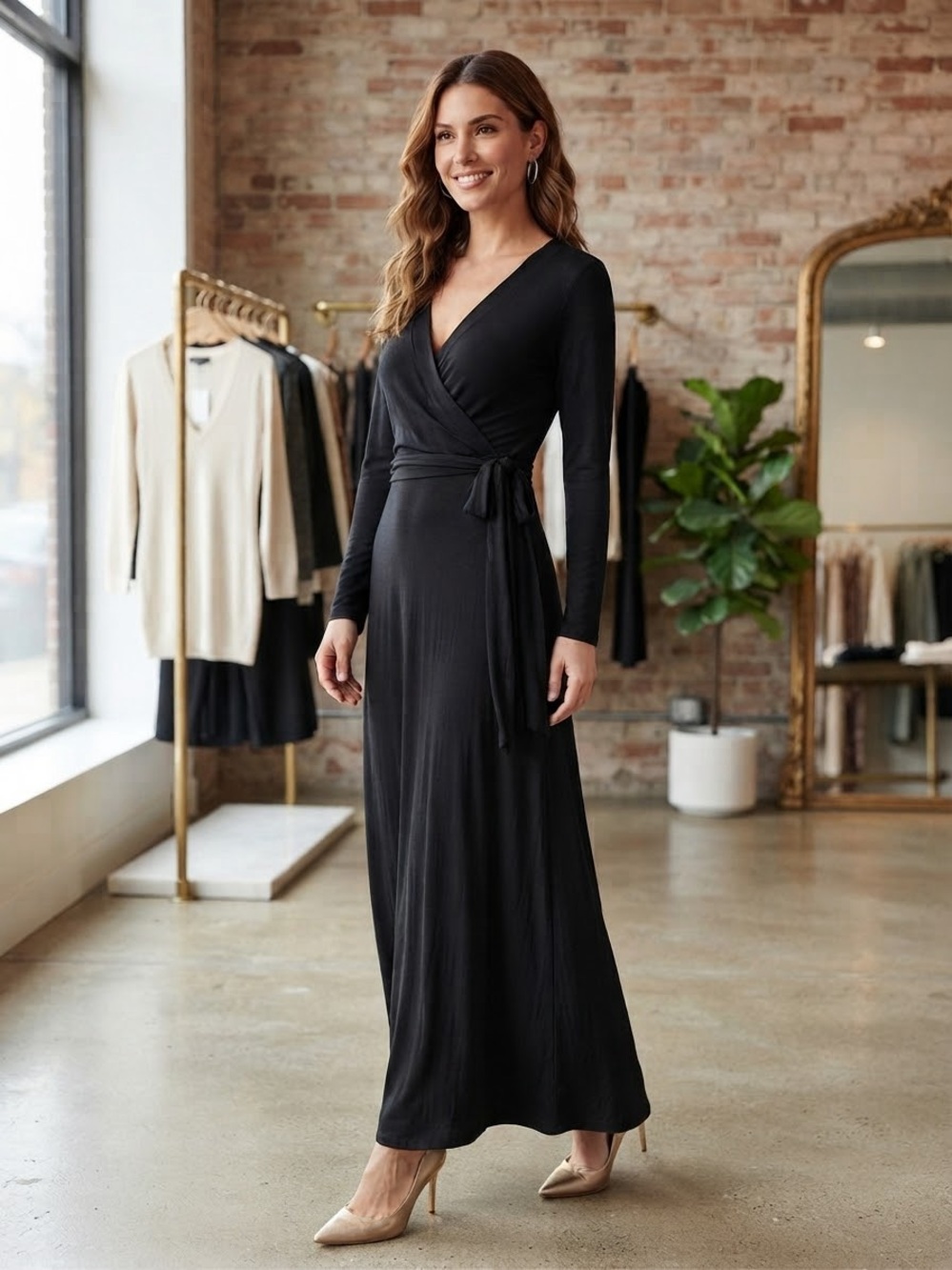 Women's Black Long-Sleeve Wrap Maxi Dress with Tie Waist